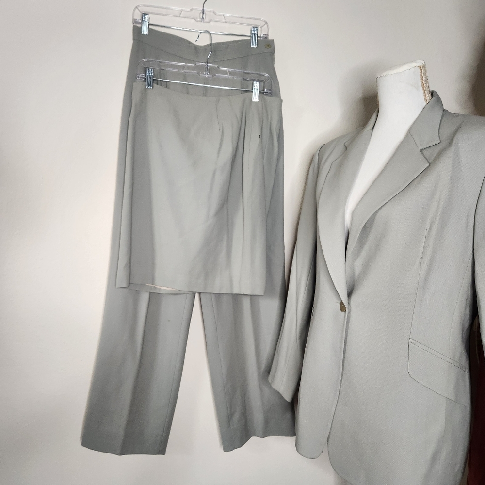 VTG Georgiou Womens Blazer Pant Skirt Set Suit Sizes 10 & 12 Gray Worsted Wool